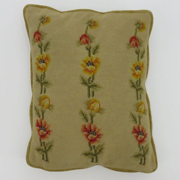 VTG Yellow Orange Poppy Needlepoint Throw Pillow Rectangle Velvet Country Floral - Picture 6 of 7